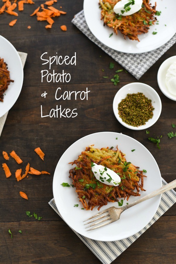 Spiced Potato & Carrot Latkes - Crispy and crunchy on the outside and light and fluffy on the inside, with tons of flavor in each bite. | foxeslovelemons.com