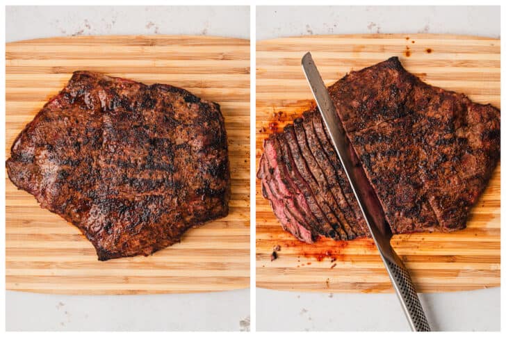 Before and after photos of a piece of grilled beef being sliced on a wooden cutting board.