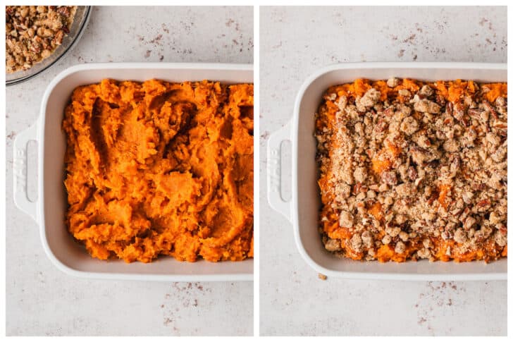 Two images showing putting topping on a sweet potato casserole recipe easy.