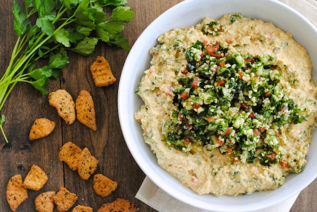 Tabbouleh Hummus - A big bowl of fresh, healthy Mediterranean dip! | foxeslovelemons.com