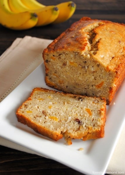 Tropical Mango Banana Bourbon Bread - a taste of Hawaii in a slice of bread! | foxeslovelemons.com